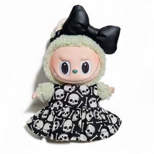 Labubu Halloween Skeleton Print Dress with Faux Leather Bow Outfit